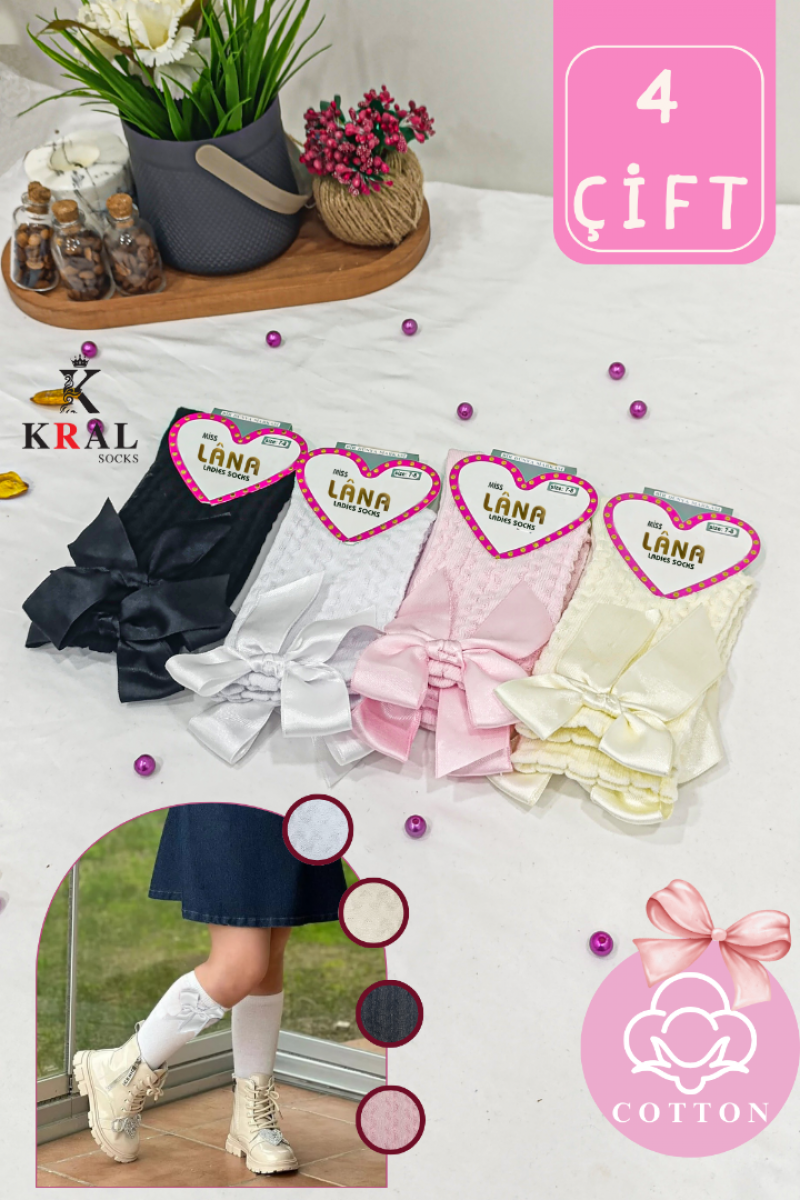 Kız Çoçuk Çorap (4 ÇİFT) Kurdele Desenli Renkli Pamuklu Okul Çorabı