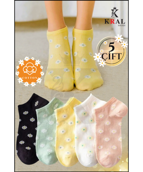  Kadın Çorap (5 ÇİFT) Çiçek Desenli Kısa Renkli Patik Çorap