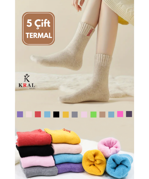 Kadın Çorap 5 Çift Renkli Termal Havlu Kışlık Çorap (ISI EMİCİ)