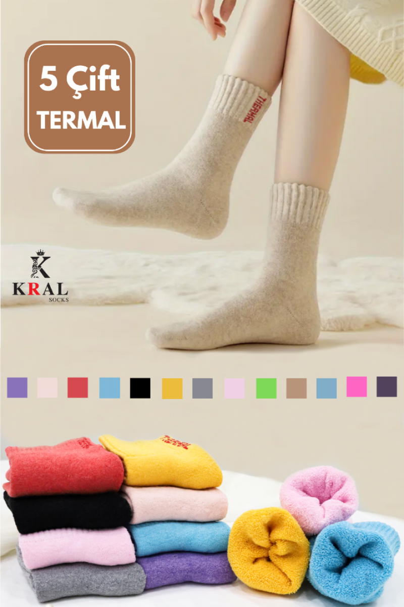 Kadın Çorap 5 Çift Renkli Termal Havlu Kışlık Çorap (ISI EMİCİ)