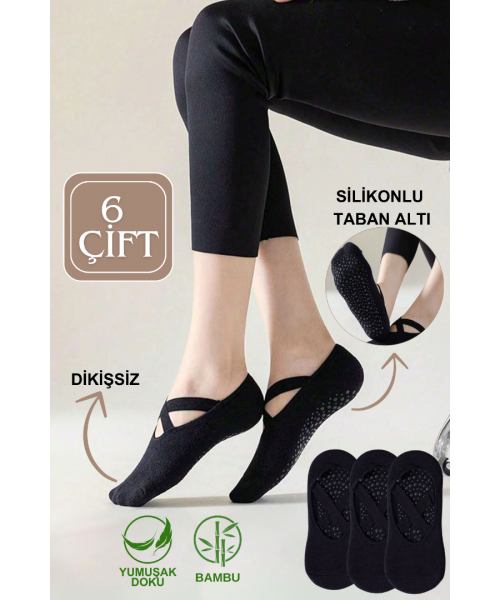  Bambu Pilates Çorabı Yoga ABS Kaydırmaz Taban Dans Bale Fitness Spor Çorabı 6 ÇİFT SİYAH