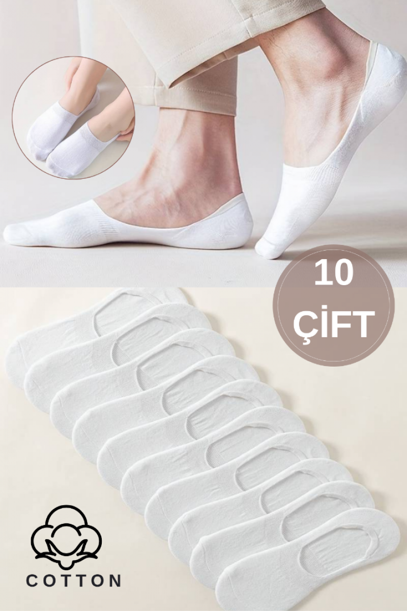 Kadın - Erkek Düz Desen (10'LU PAKET - 10 ÇİFT) Pamuklu Terletmez Babet Çorap BEYAZ