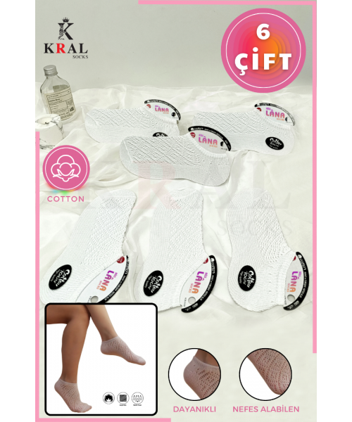  Kadın (6 ÇİFT) Dantel Model Pamuklu Terletmez Görünmez Çorap Seti BEYAZ
