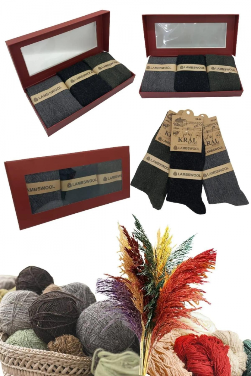 Hediye Kutulu Erkek (3 Çift) Kaliteli Yünlü Kışlık Lambswool Parfümlü Termal Etkili Yün Çorap