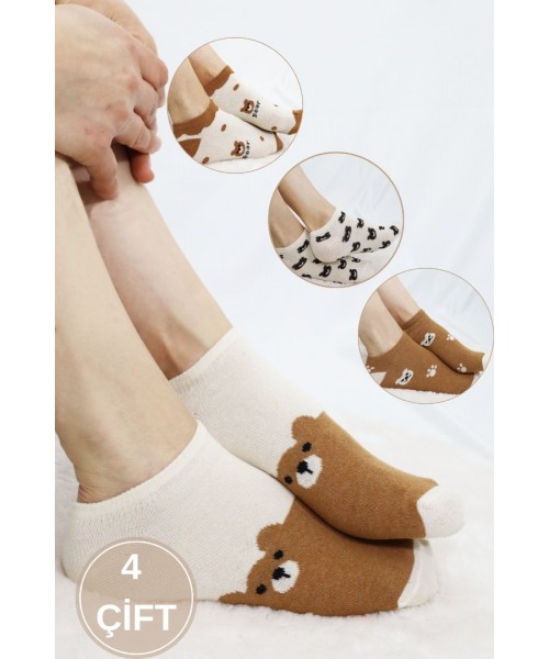 4 Çift Kadın Çorap Ayıcıklı Trend Desenli Kısa Çorap