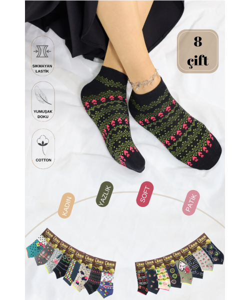 Yazlık Penye - Kadın Patik Çorap 8'li (8 Adet) Parfümlü Desenli