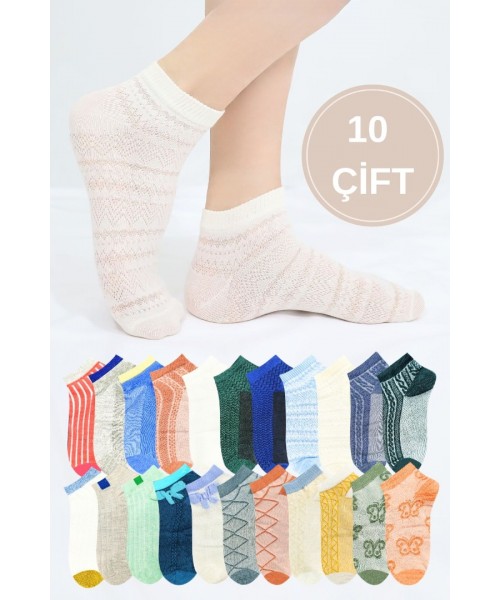 Renkli (10 ÇİFT) Likralı Pamuklu Penye Kadın Patik Çorap