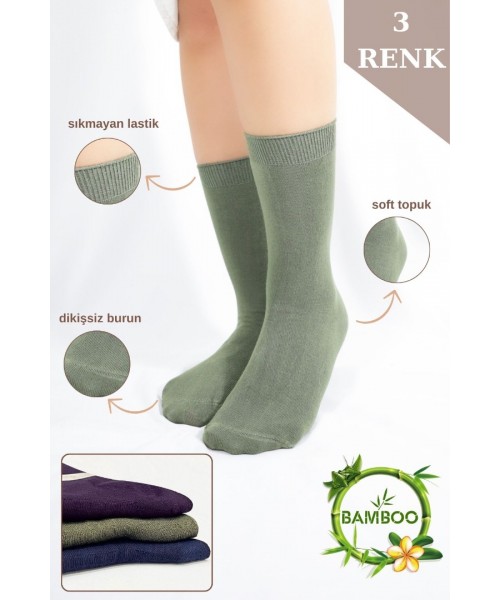  Kadın Çorabı Ter Emici Dikişsiz Extra Soft Model Soket Uzun Bambu Çorap (3 ÇİFT) Asorti Renk