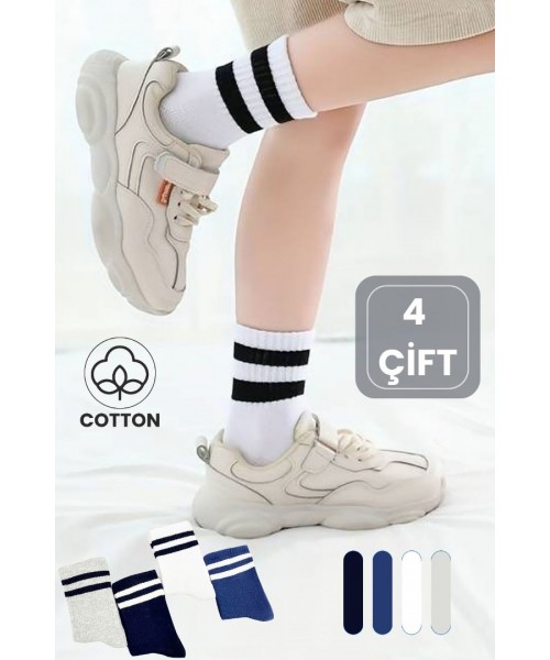  Erkek Düz Çizgili (4 ÇİFT) Çorap Tenis Model Pamuklu Terletmez Öğrenci Okul Çorabı