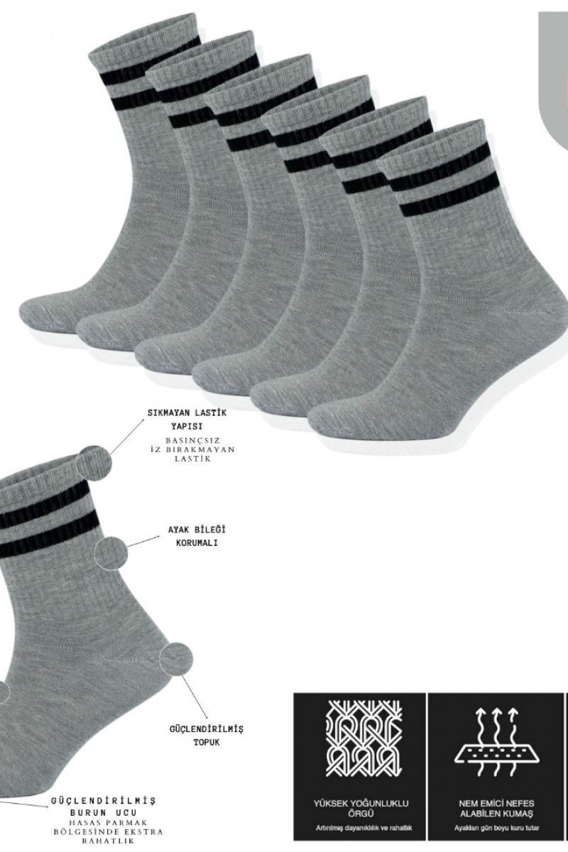 Erkek Kadın (6 ÇİFT) Çizgili Kolej Tenis Çorabı Pamuklu Terletmez Çorap