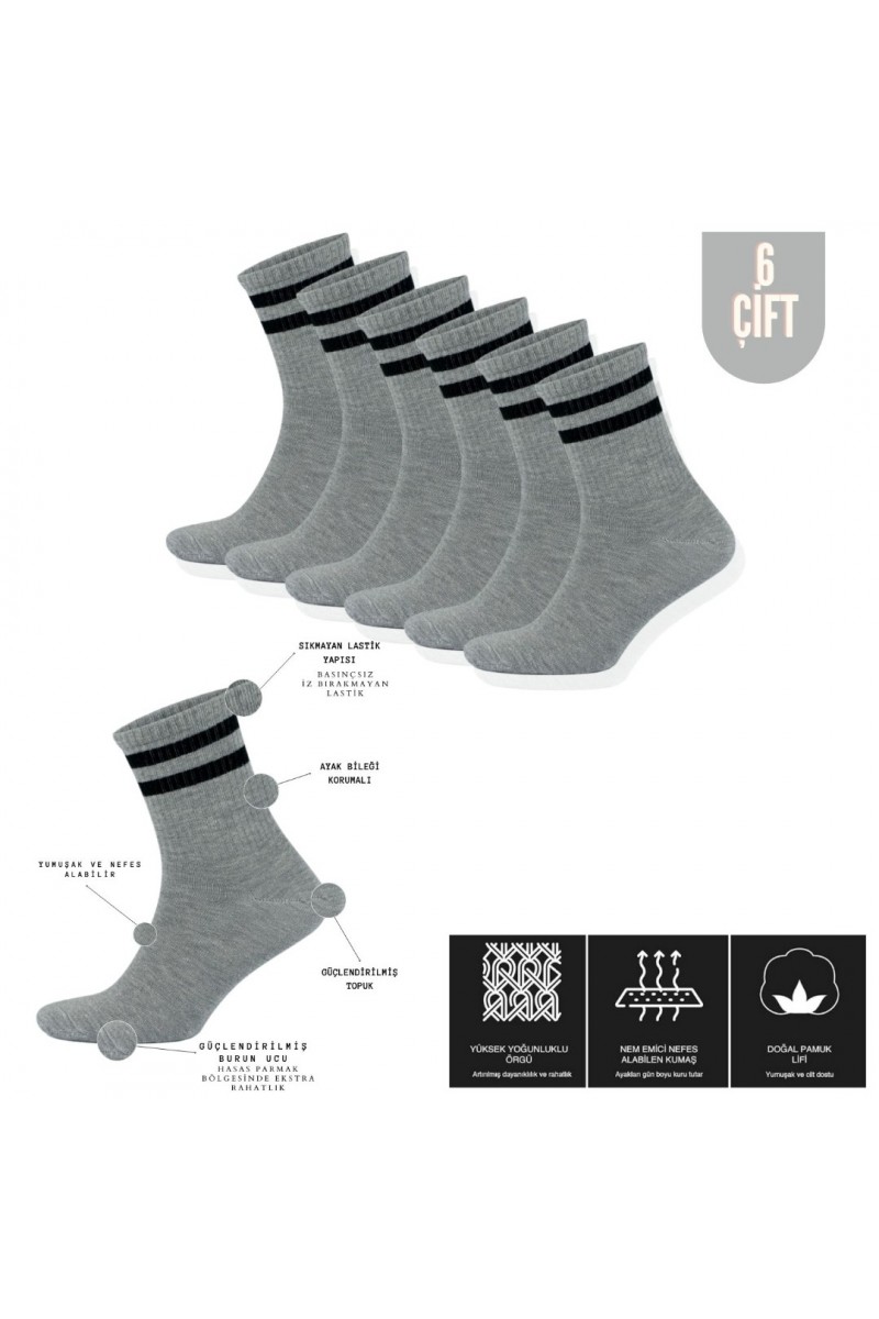 Erkek Kadın (6 ÇİFT) Çizgili Kolej Tenis Çorabı Pamuklu Terletmez Çorap