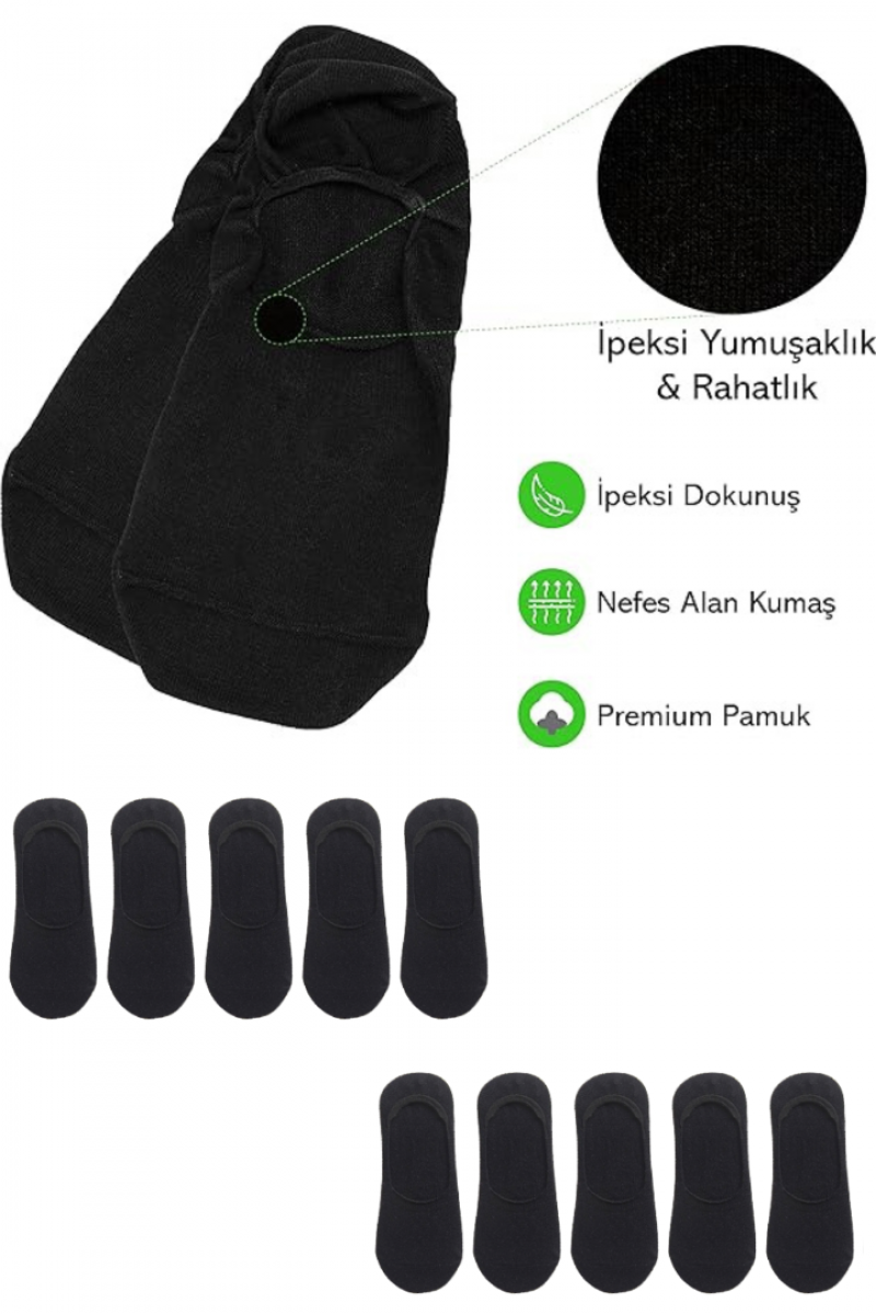 Kadın - Erkek Düz Desen (10'LU PAKET - 10 ÇİFT) Pamuklu Terletmez Babet Çorap SİYAH