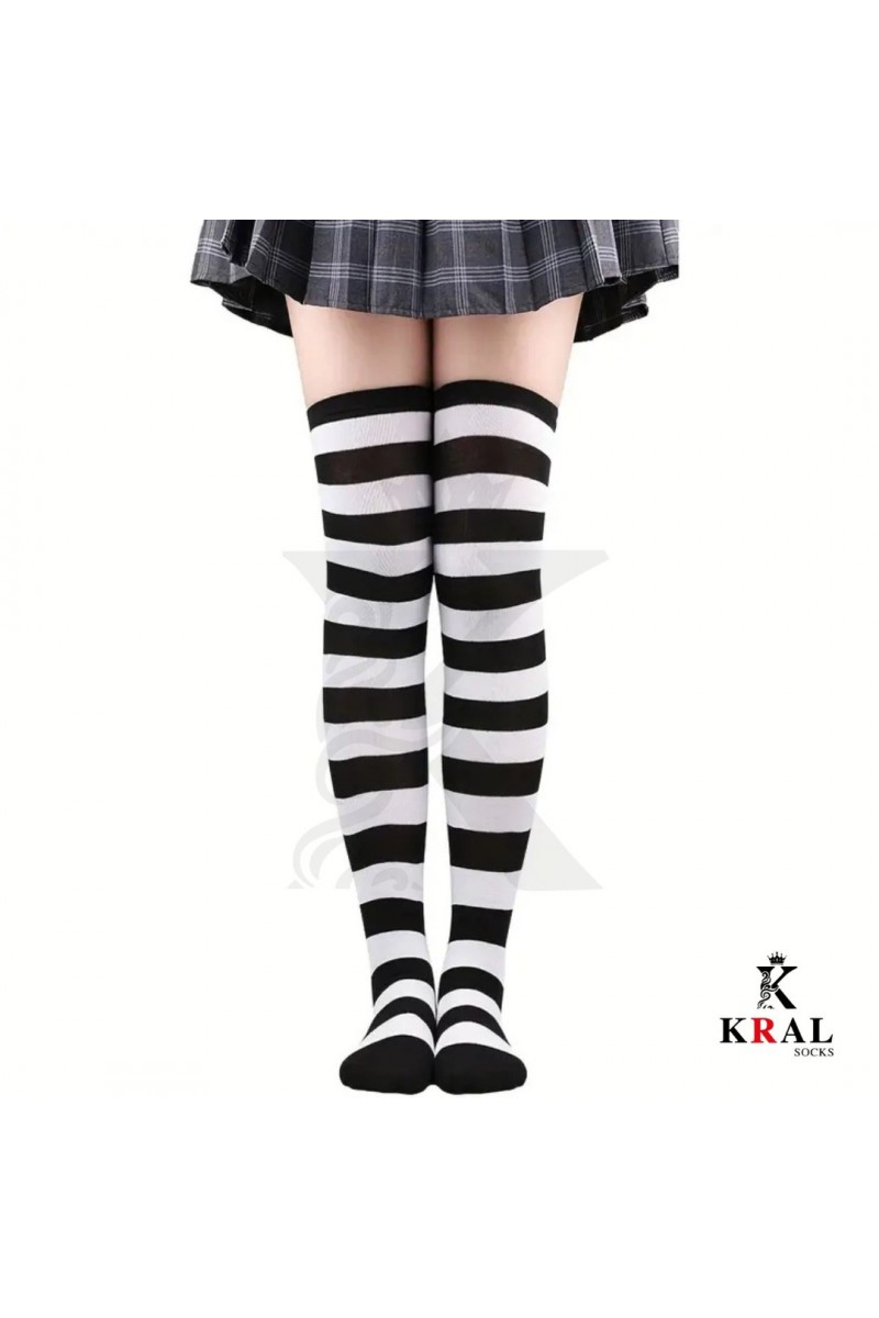 Kadın Dizüstü Çorap (3 Çift) Diz Üstü Zebra - Siyah - Tavuk Bacağı Çorap