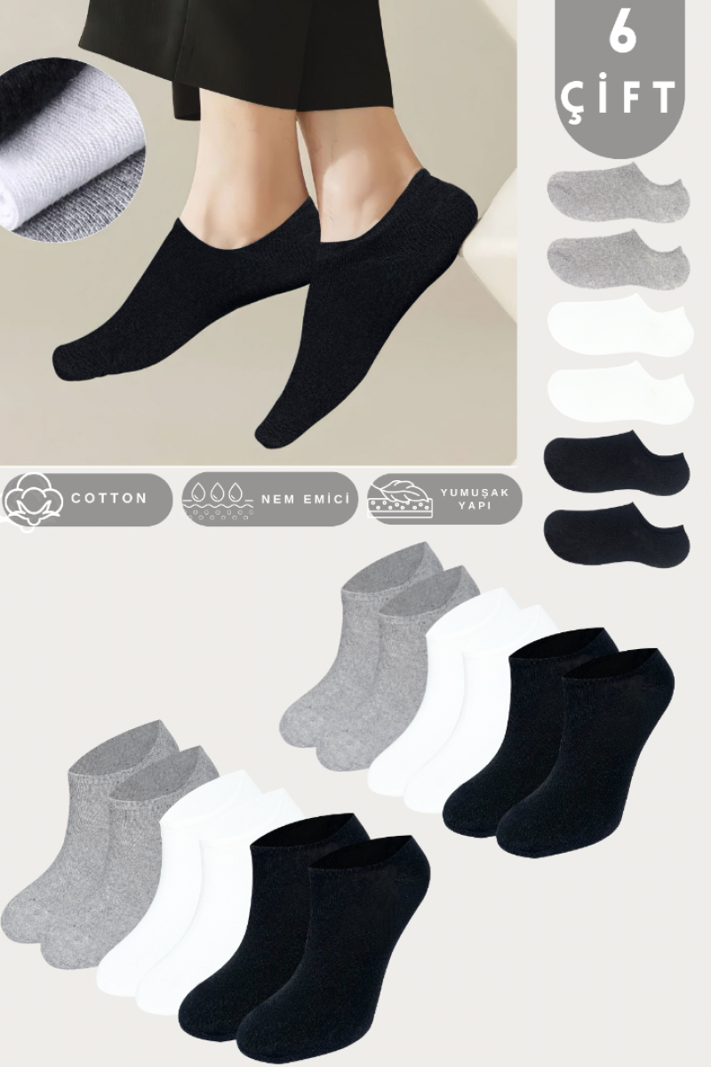 Kadın - Erkek - Unisex Düz Desen (6 ÇİFT) Pamuklu Beden Mevsimlik Terletmez Görünmez Çorap