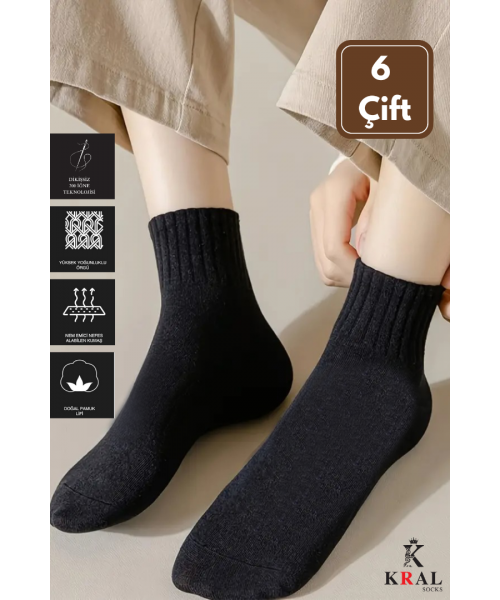 6 Çift Pamuklu Tenis Çorap Dikişsiz Kolej Boy Unisex SİYAH