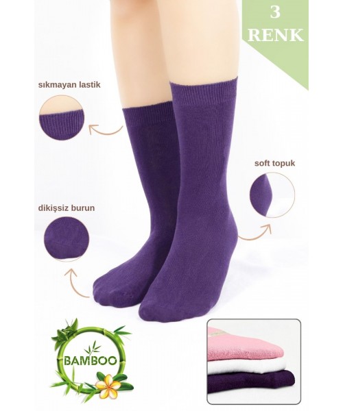 Kadın Çorabı Ter Emici Dikişsiz Extra Soft Model Soket Uzun Bambu Çorap (3 ÇİFT) Asorti Renk