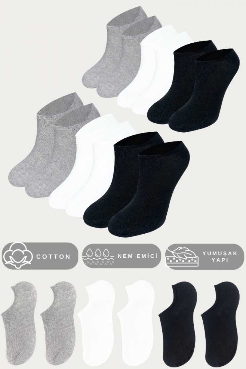 Kadın - Erkek - Unisex Düz Desen (6 ÇİFT) Pamuklu Beden Mevsimlik Terletmez Görünmez Çorap