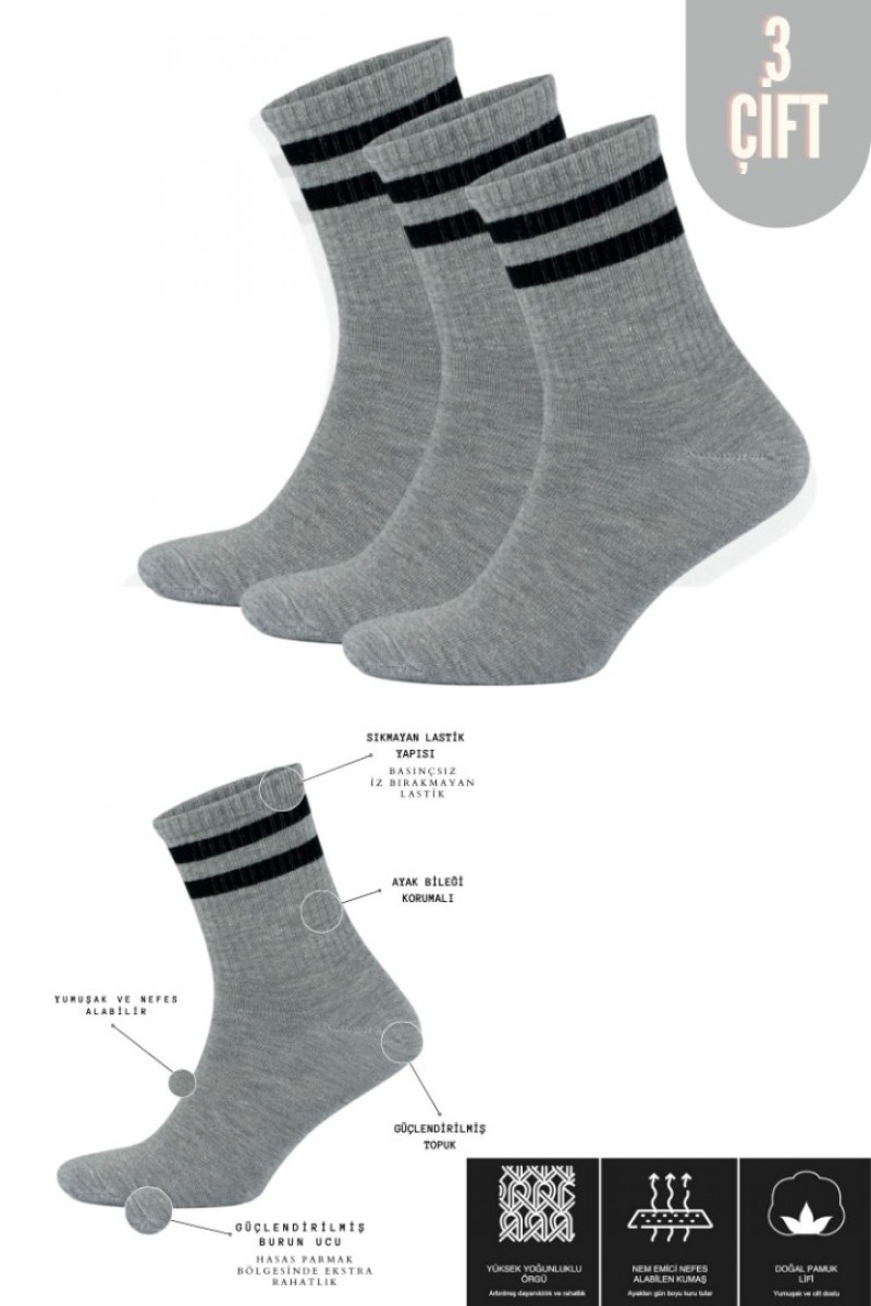 Erkek - Kadın (3 ÇİFT) Çizgili Kolej Tenis Çorabı Pamuklu Terletmez Çorap