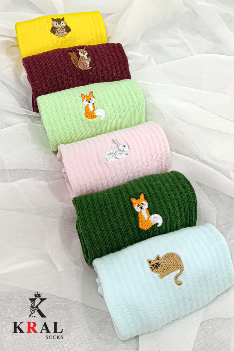 Kadın - Erkek 6 Çift Soft Renkli Nakışlı Tenis Çorap Soket Boy Unisex