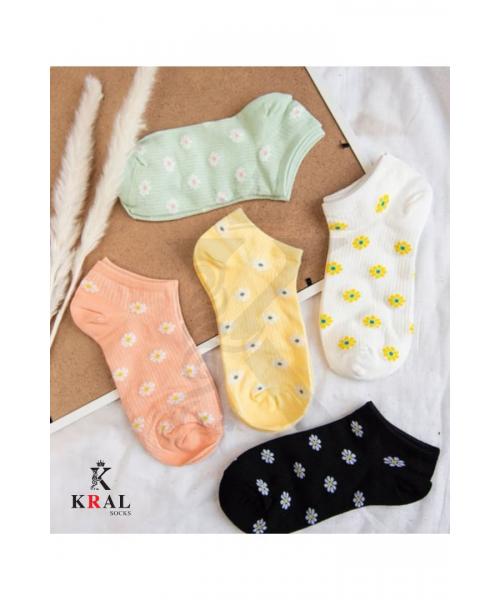  Kadın Çorap (5 ÇİFT) Çiçek Desenli Kısa Renkli Patik Çorap