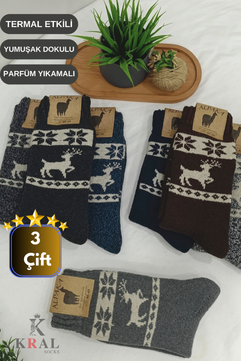 Unisex 3'lü Alpaka Yünlü Çorap Termal Kalın Yumuşak Kışlık Bot Çorabı