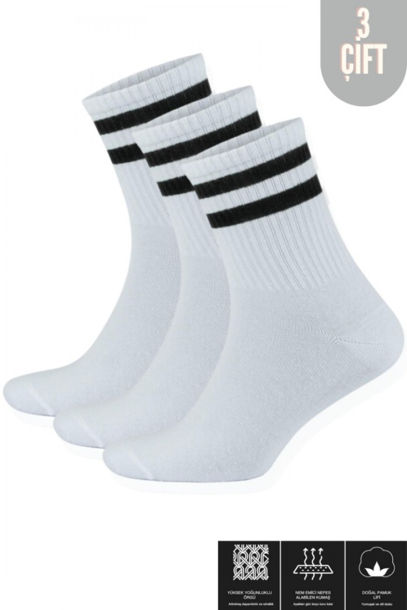 Erkek Kadın (3 ÇİFT) Çizgili Kolej Tenis Çorabı Pamuklu Terletmez Çorap