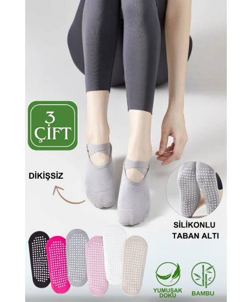 Bambu Pilates Çorabı Yoga ABS Kaydırmaz Taban Dans Bale Fitness Spor Çorabı 3 ÇİFT ASORTİ