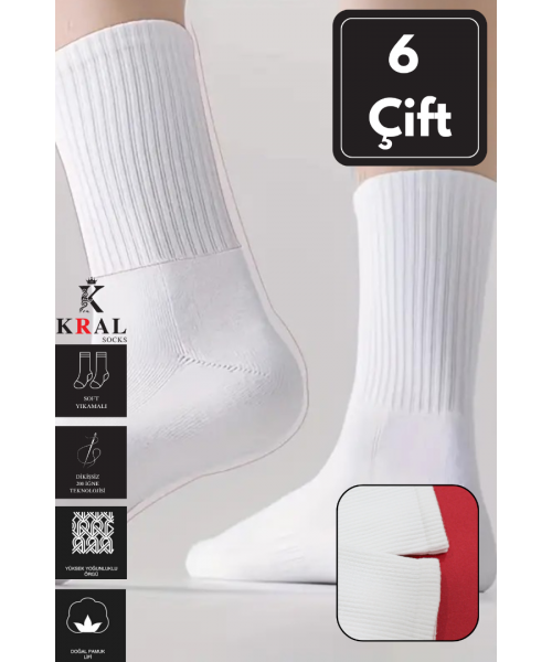 6 Çift Pamuklu Tenis Çorap Dikişsiz Soket Boy Unisex BEYAZ