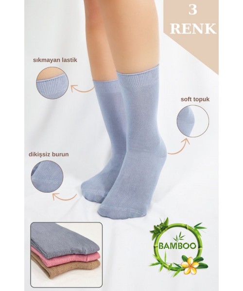 Kadın Çorabı Ter Emici Dikişsiz Extra Soft Model Soket Uzun Bambu Çorap (3 ÇİFT) Asorti Renk