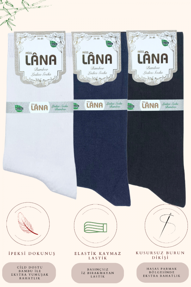 Kadın Çorabı Ter Emici Dikişsiz Extra Soft Model Soket Uzun Bambu Çorap (3 ÇİFT) Asorti Renk