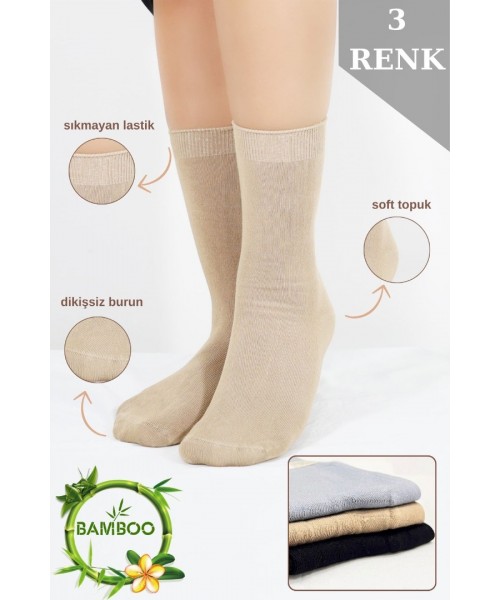 Kadın Çorabı Ter Emici Dikişsiz Extra Soft Model Soket Uzun Bambu Çorap (3 ÇİFT) Asorti Renk