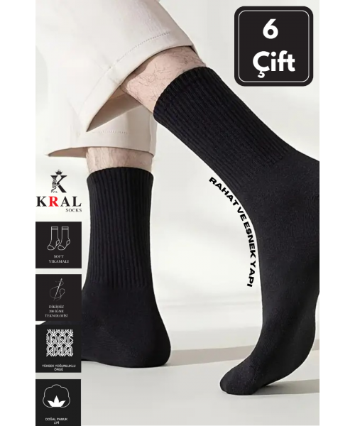 6 Çift Pamuklu Tenis Çorap Dikişsiz Soket Boy Unisex SİYAH