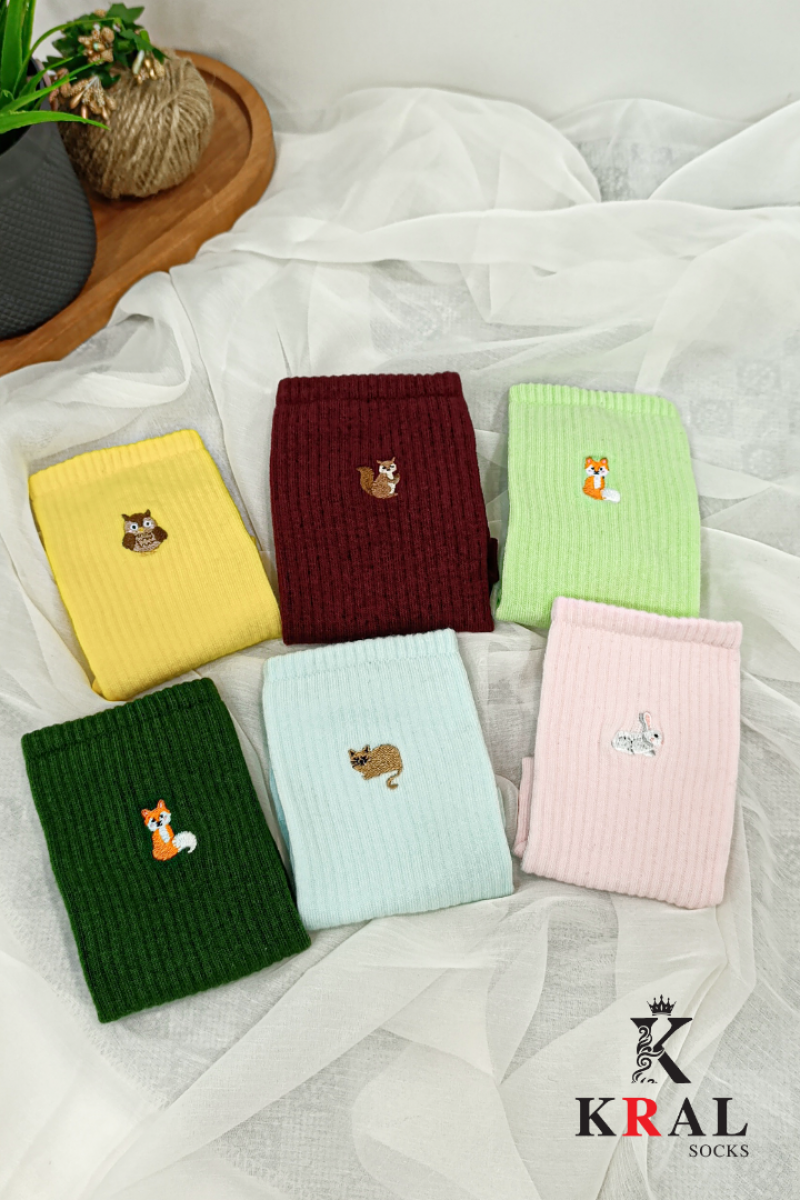 Kadın - Erkek 6 Çift Soft Renkli Nakışlı Tenis Çorap Soket Boy Unisex