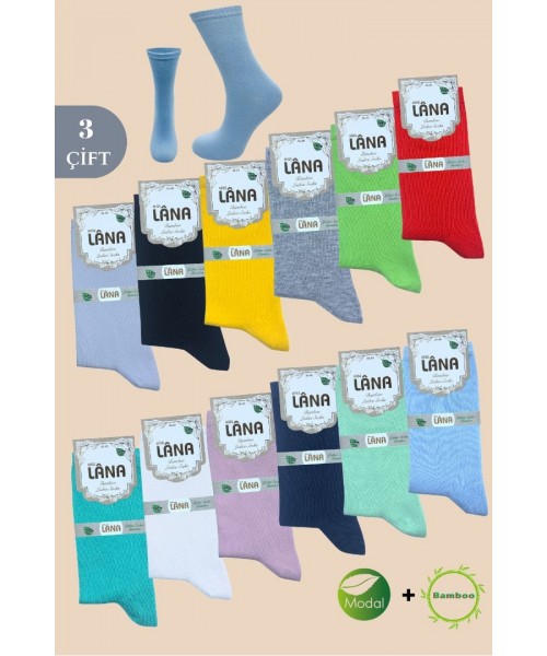 Kadın Çorabı (BAMBU MODAL) Ter Emici Dikişsiz Trend Model Soket Uzun Çorap (3 ÇİFT) Asorti Renk