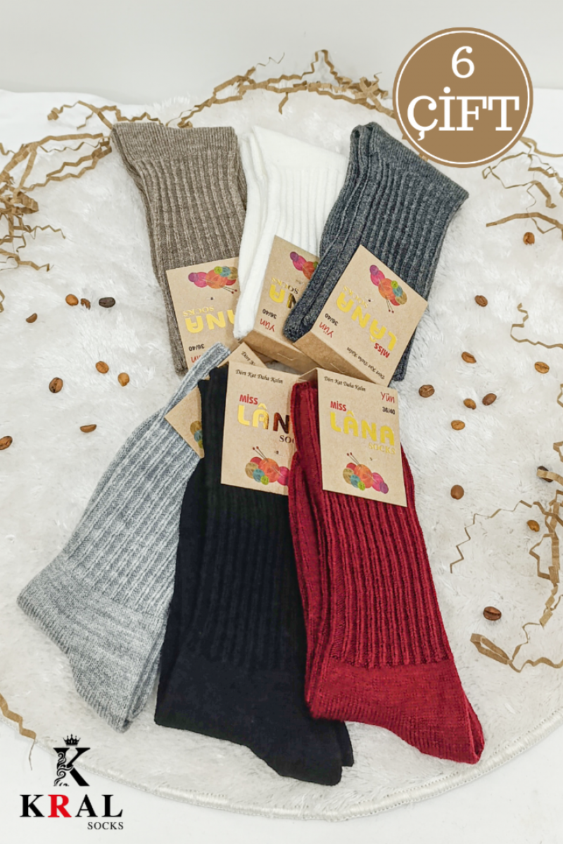 6'lı Kışlık Kadın Yün Çorap Soft Termal (Sıkmayan Lastik) Uyku Çorabı