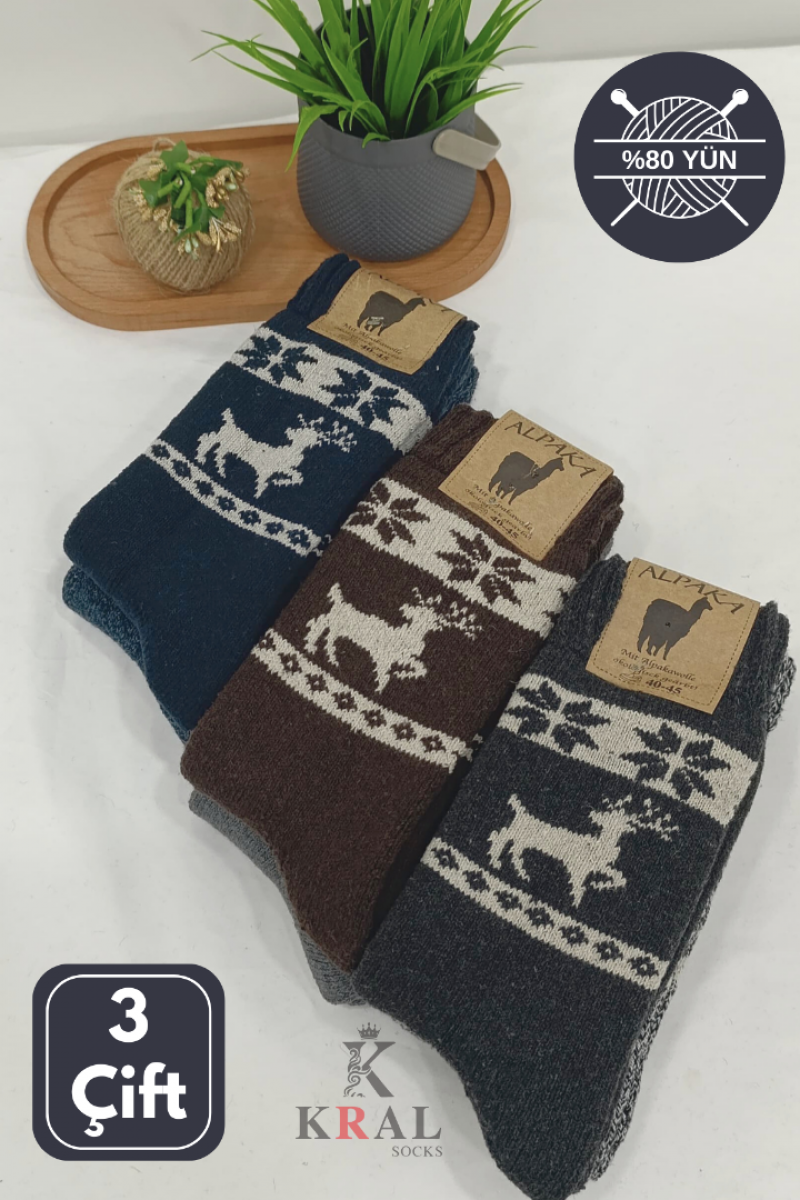 Unisex 3'lü Alpaka Yünlü Çorap Termal Kalın Yumuşak Kışlık Bot Çorabı