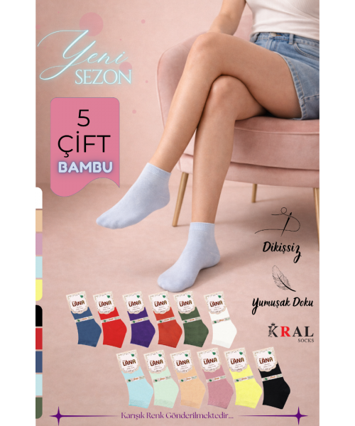 Kadın Bambu Patik Çorap (5 ADET / ÇİFT) Dikişsiz Parfümlü Kısa Model Hassas Çorabı