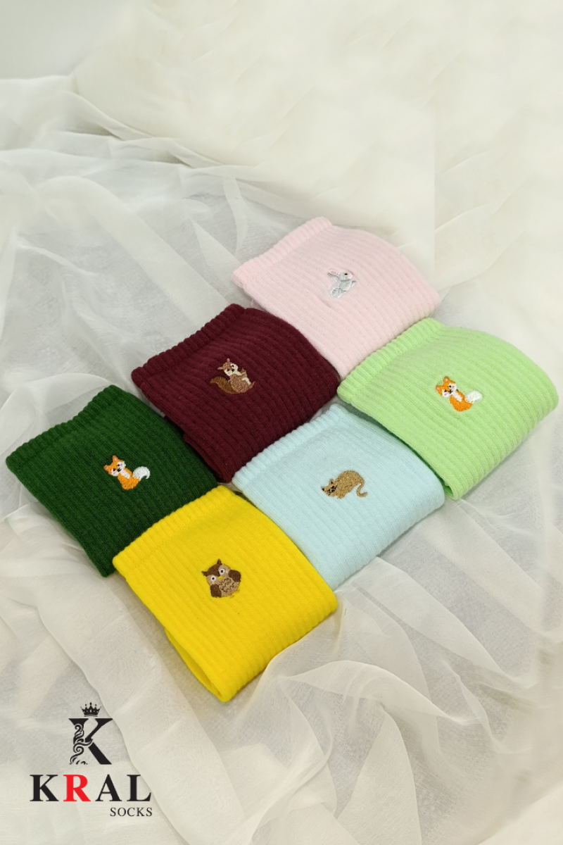 Kadın - Erkek 6 Çift Soft Renkli Nakışlı Tenis Çorap Soket Boy Unisex