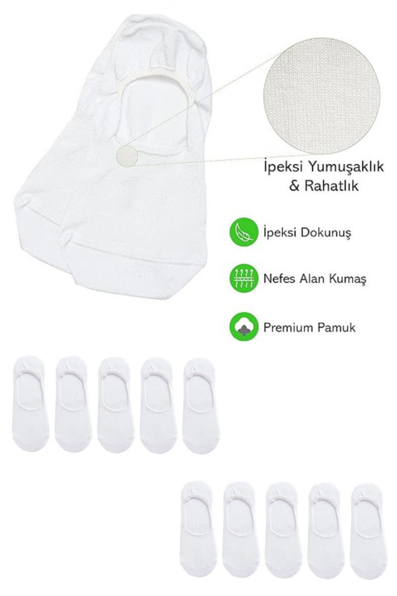 Kadın - Erkek Düz Desen (10'LU PAKET - 10 ÇİFT) Pamuklu Terletmez Babet Çorap BEYAZ