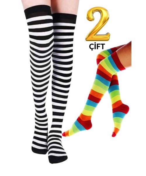 Kadın Dizüstü Çorap (2 Çift) Günlük Düz Çizgili Pamuklu Diz Üstü Siyah Çorap Yeni Trend Kadın Dizüstü Çorap (2 Çift) Günlük Düz Çizgili Pamuklu Diz Üstü Siyah Çorap Yeni Trend