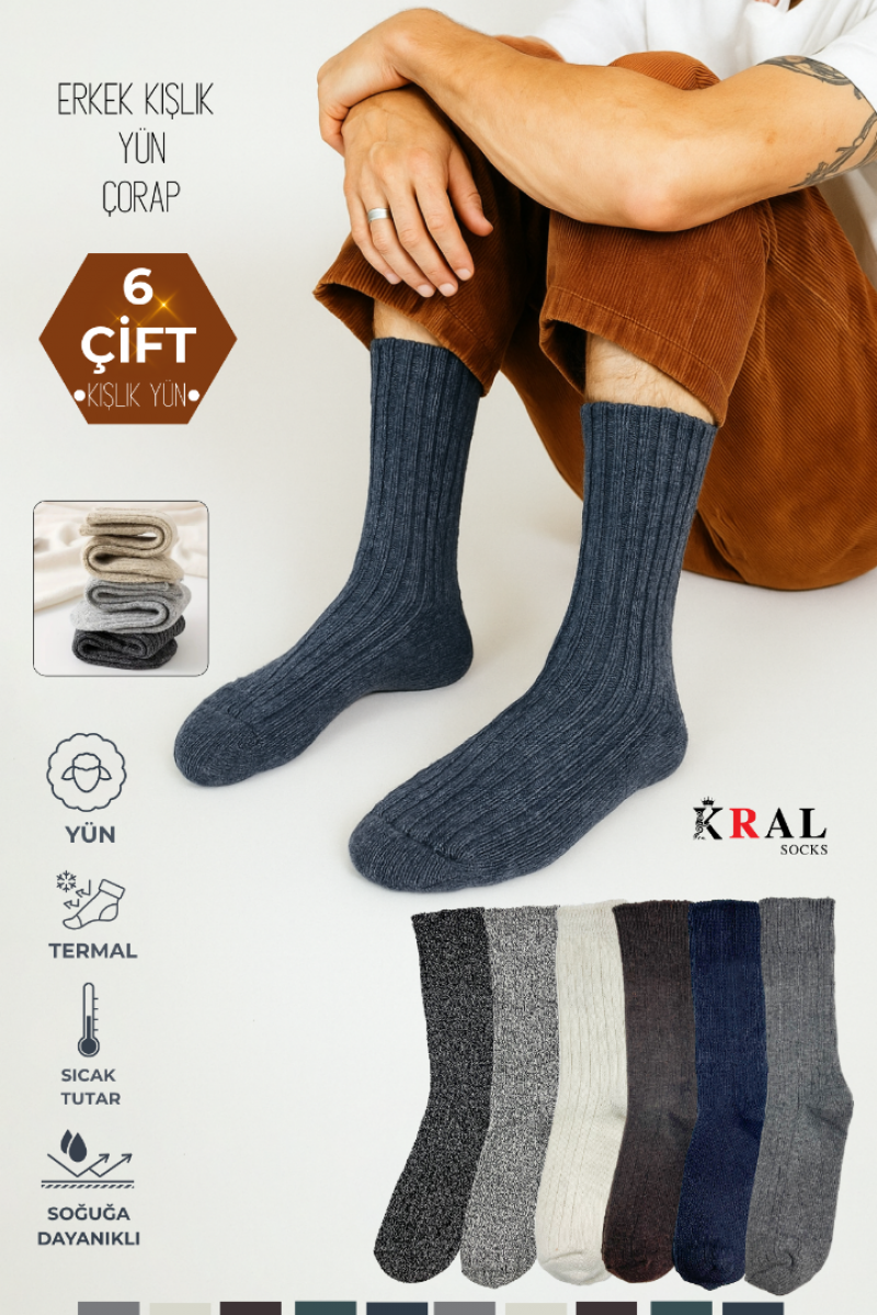 6 Çift Erkek Yün Çorap