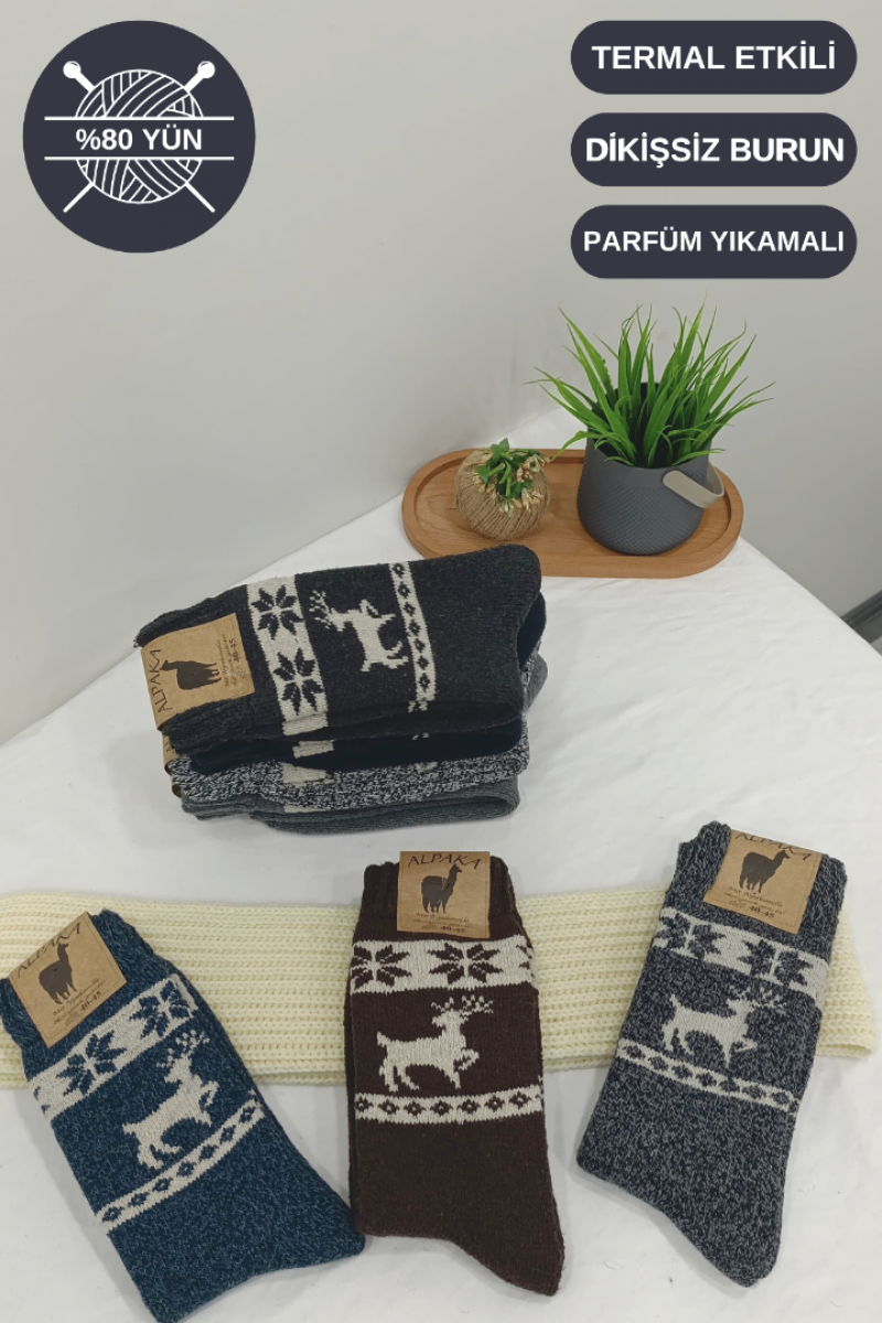 Unisex 3'lü Alpaka Yünlü Çorap Termal Kalın Yumuşak Kışlık Bot Çorabı