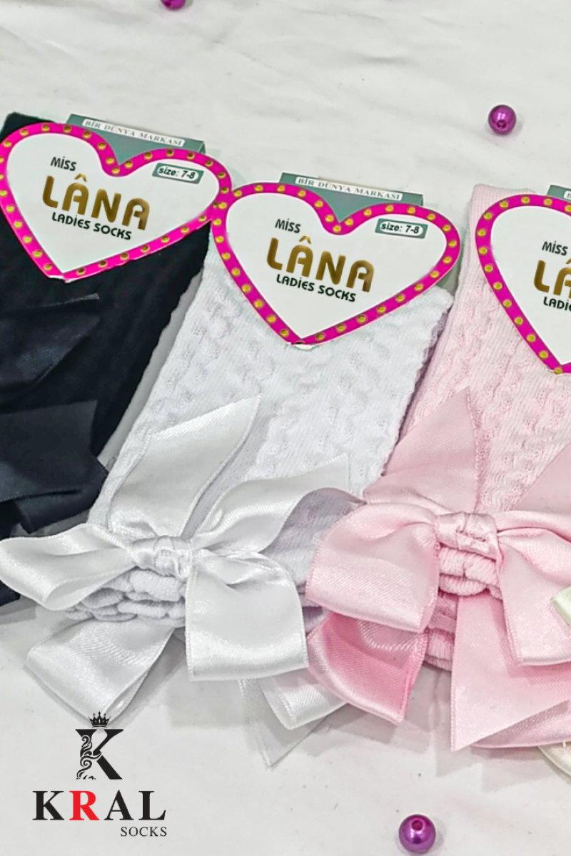 Kız Çoçuk Çorap (4 ÇİFT) Kurdele Desenli Renkli Pamuklu Okul Çorabı