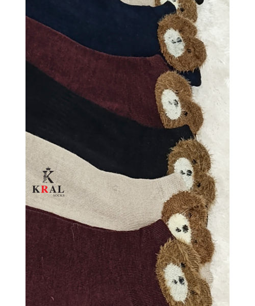  4 Çift Likralı Pamuklu Penye Kadın Sevimli Ayıcık Desenli Patik Çorap