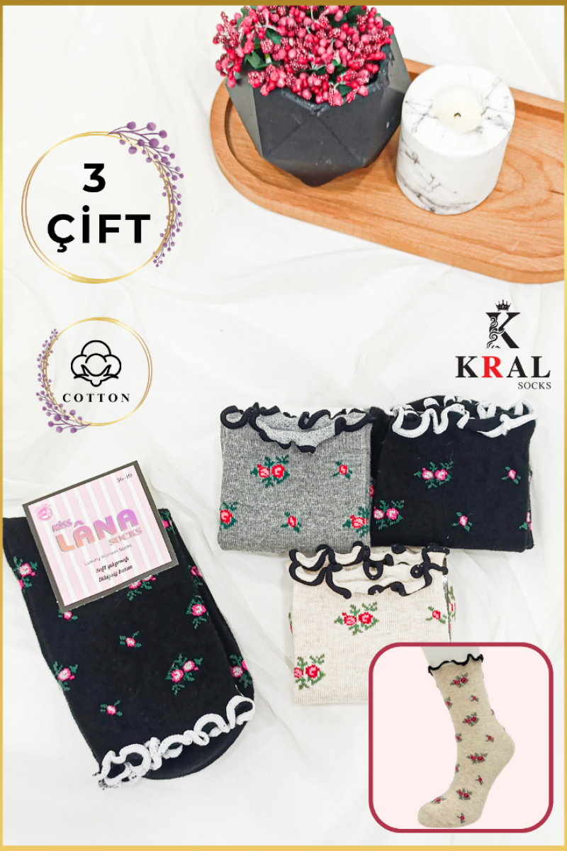  Kadın Çorap Fiyonk Kurdela Desenli Fırfırlı (3 Çift) Yazlık Çorap