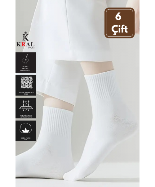 6 Çift Pamuklu Tenis Çorap Dikişsiz Kolej Boy Unisex BEYAZ