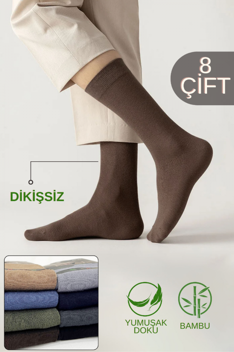Erkek Yazlık Bambu Soket Uzun 8 Çift Karma Renkli Çorap
