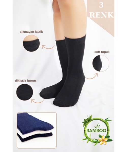 Kadın Çorabı Ter Emici Dikişsiz Extra Soft Model Soket Uzun Bambu Çorap (3 ÇİFT) Asorti Renk