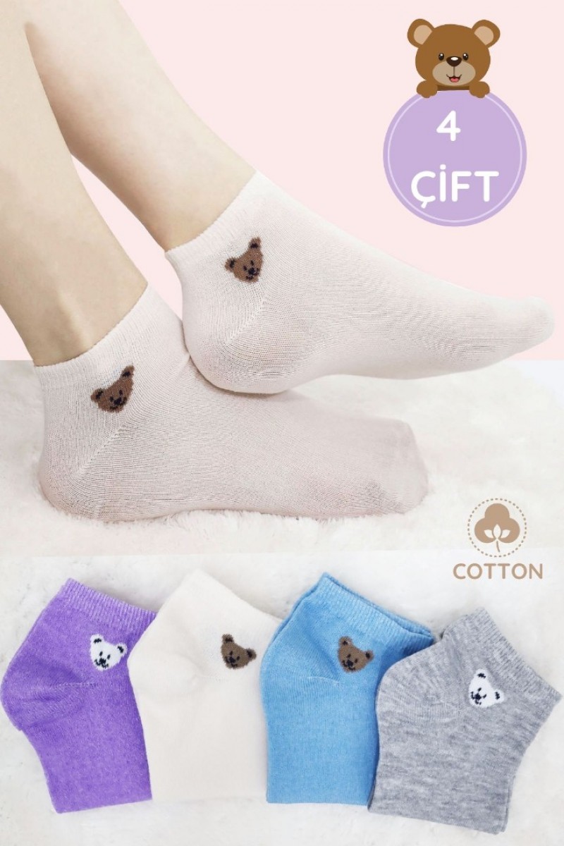 4 Çift Kadın Çorap Ayıcıklı Trend Desenli Kısa Çorap