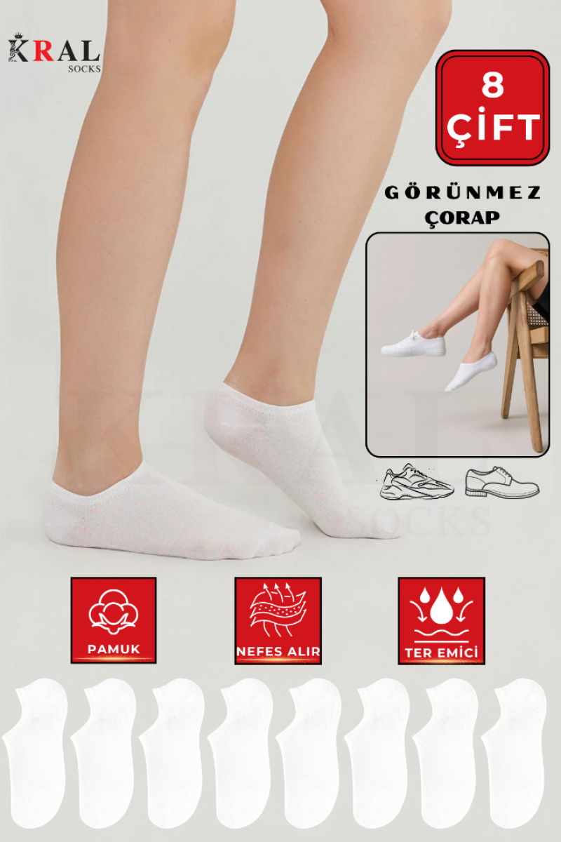 Düz Desen Kadın - Erkek Pamuklu Görünmez Çorap 8 Çift